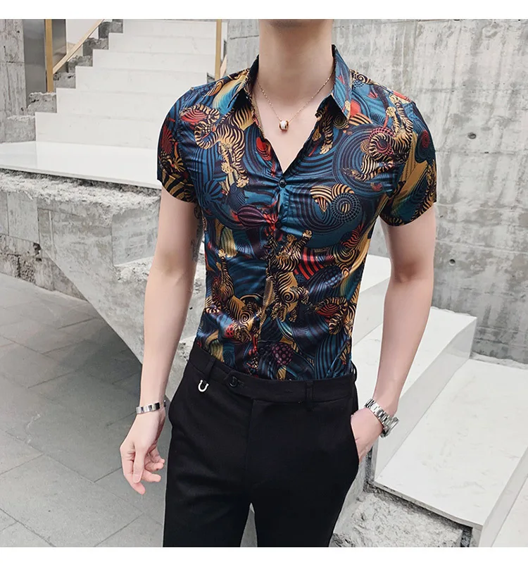 Для мужчин Модная короткий рукав Повседневное Slim Fit рубашка мужская рубашка Лето 2019 уличная ночной клуб выпускного вечера вечерние рубашка