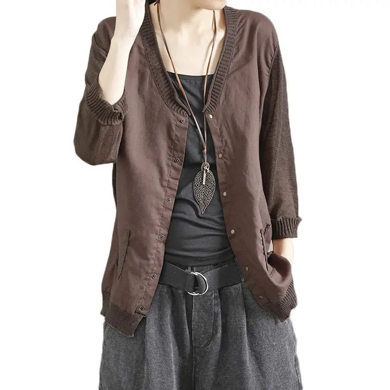 

Retro Knitted Linen Sunscreen Outside Cardigan Women's Sweater Stitching Ultra-thin Breathable Summer Casual Shirt Jacket f1004