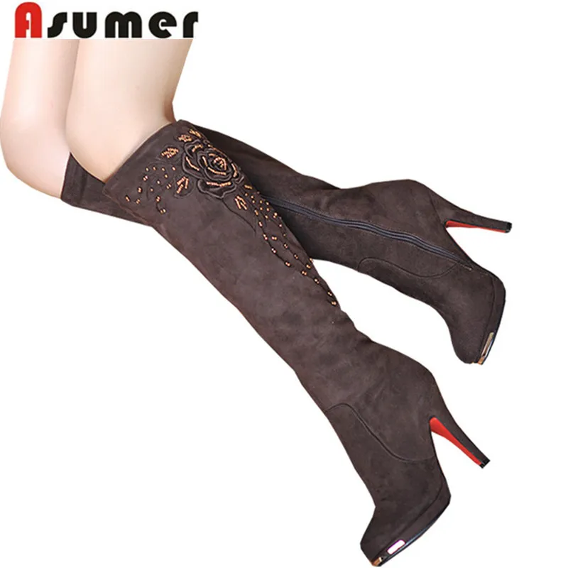 ФОТО ASUMER 2017 new fashion boots sexy lady shoes high heels knee high boots flock beading women's snow winter long motorcycle boots