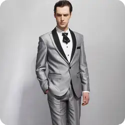 Классический серебристо серый мужские свадебные костюмы черный остроконечные нагрудные Slim Fit смокинг жениха Best человек пиджаки для женщин