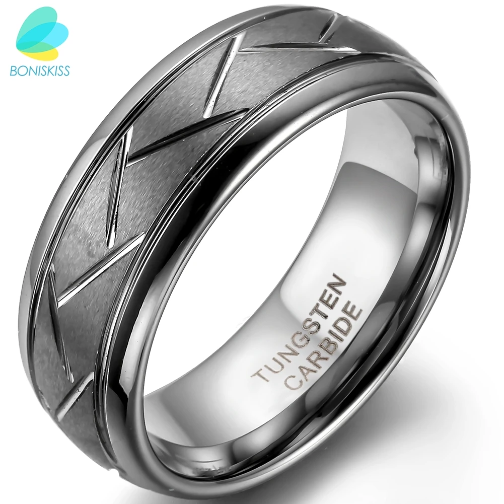 

BONISKISS 8MM Men's Gray Brushed Finish Tungsten Carbide Ring & Diagonal Grooves Custom Engrave