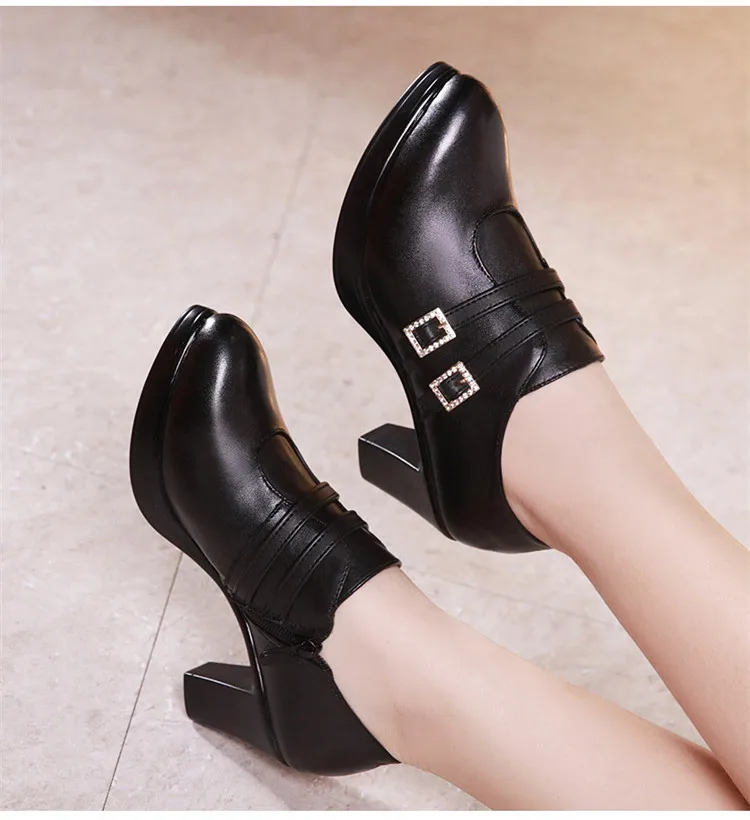 Женская обувь г. Туфли-лодочки на платформе на квадратном каблуке с глубоким носком и пряжкой элегантные кожаные офисные туфли на высоком каблуке Женская обувь, большие размеры 33-43