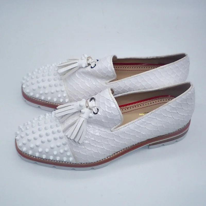 LOUBUTEN White Snakeskin Pattern Genuine Leather Tassel Loafers Slip On Men Dress Shoes Luxury Rivets Casual Shoes