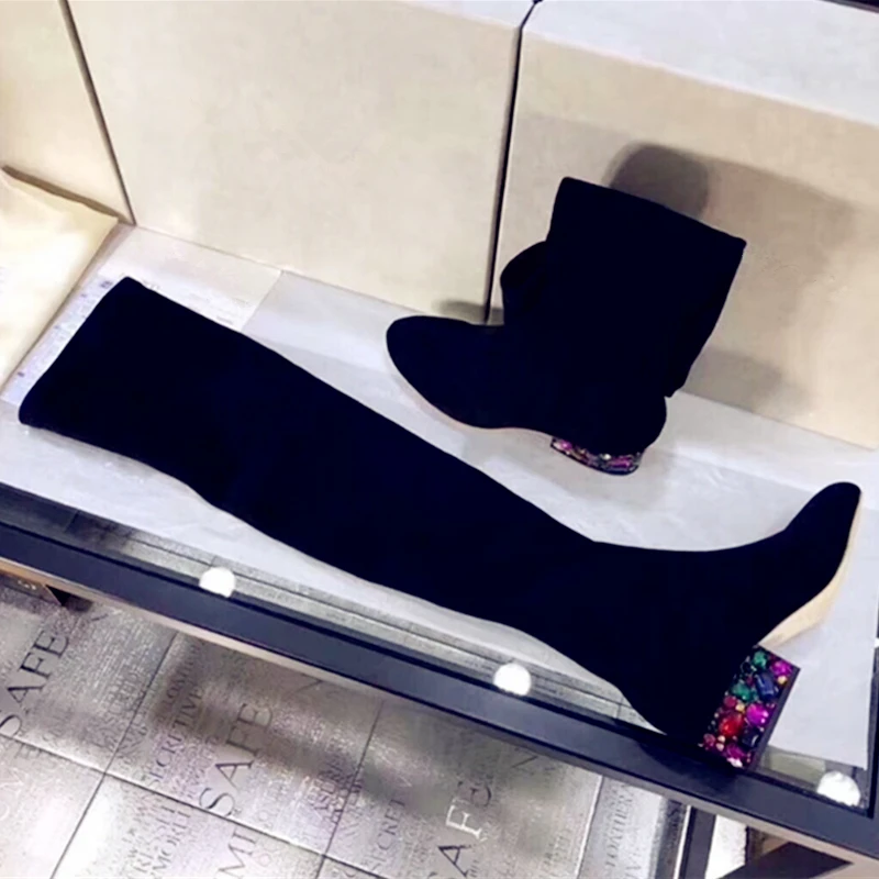 Suede Leather Rhinstone Long Over The Knee Boots Shoes Ladies Sexy Party Elastic Force Zipper Motorcycle Low Heels Boots Woman Suede Leather Rhinstone Long Over The Knee Boots Shoes Ladies Sexy Party Elastic Force Zipper Motorcycle Low Heels Boots Woman