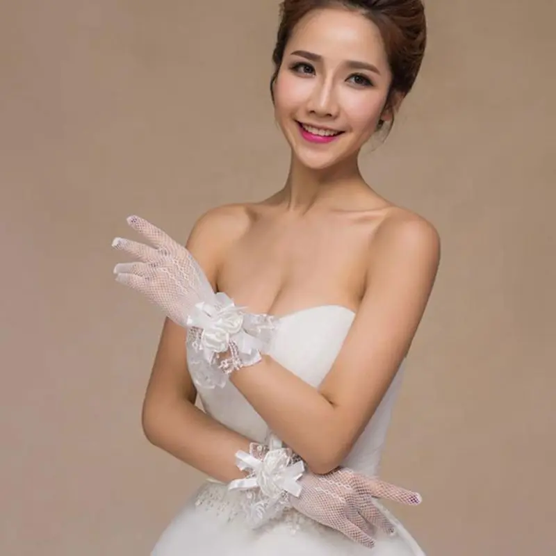 Модные летние свадебные перчатки для невесты кружевные перчатки с большими цветами короткие перчатки с пальцами сетчатые перчатки