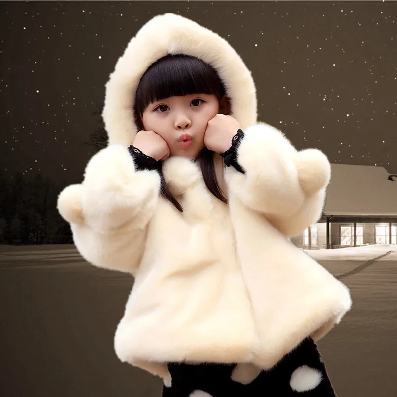 Зимнее пальто из искусственного меха для девочек; милые однотонные шерстяные кардиганы с капюшоном для девочек; теплые флисовые куртки с кроликом; пальто; детская одежда - Цвет: Beige