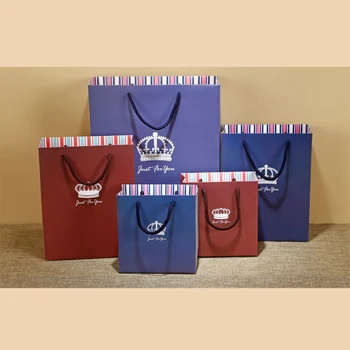 

5PCS Silver Crown Hot-stamped Paper Bag With Vertical Stripe Solid Blue Red Gift Bags For Commercial Party Offcial Occasion