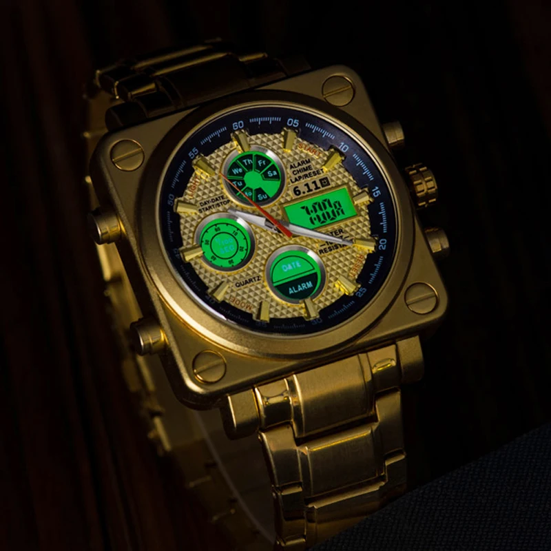 6,11 мужские s 2019 новые модные роскошные брендовые квадратные полностью стальные золотые часы цифровые светодиодный часы мужские спортивные