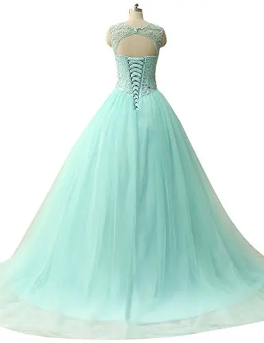 ANGELSBRIDEP Mint Green Quinceanera Dresses 15 Years Unique Neck Crystal Beading Bodice Full-Length Tulle Puffly Debutante Gowns