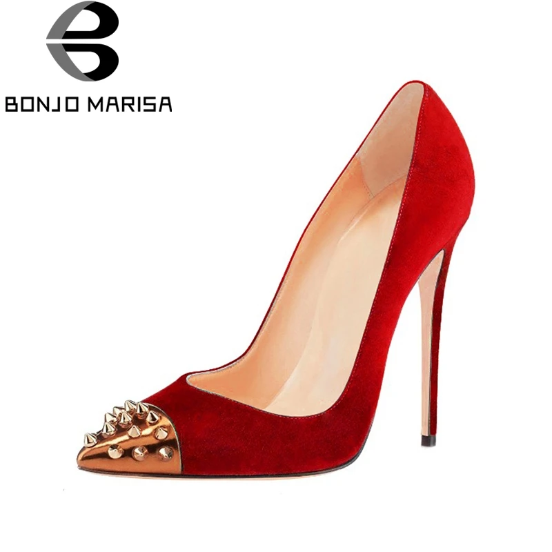 

BONJOMARISA Large Size 33-45 12cm High Heels Party Spring Shoes Pumps Sexy Rivets Pointed Toe Wedding Women Shoes Woman