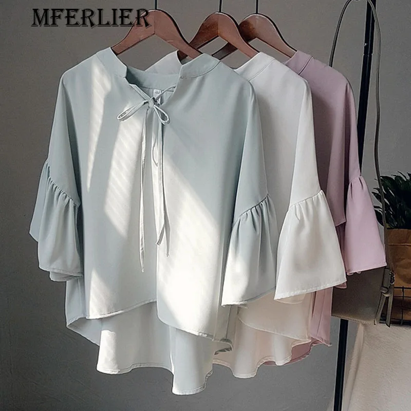 Solid Preppy Style Chiffon Shirt Loose V Neck Bow Drawstring Butterfly Sleeve Patchwork White Pink Green Womens Tops And Blouses |
