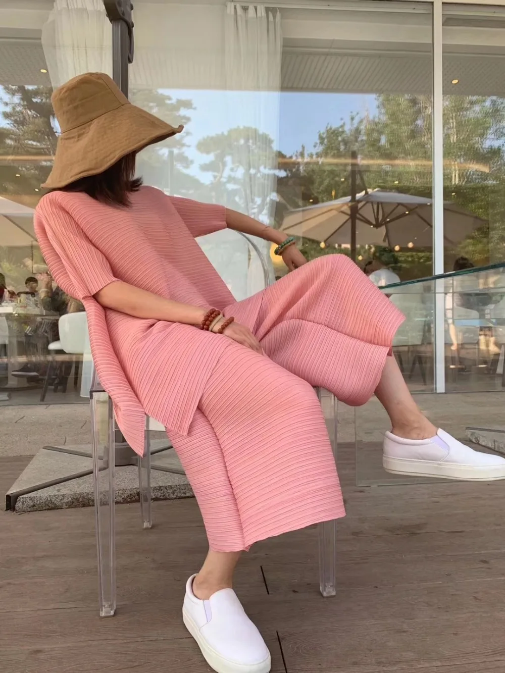 FREE SHIPPING Miyak Fold half sleeve o-neck long t-shirt two-piece women fashion wide-legged pants solid loose suit IN STOCK