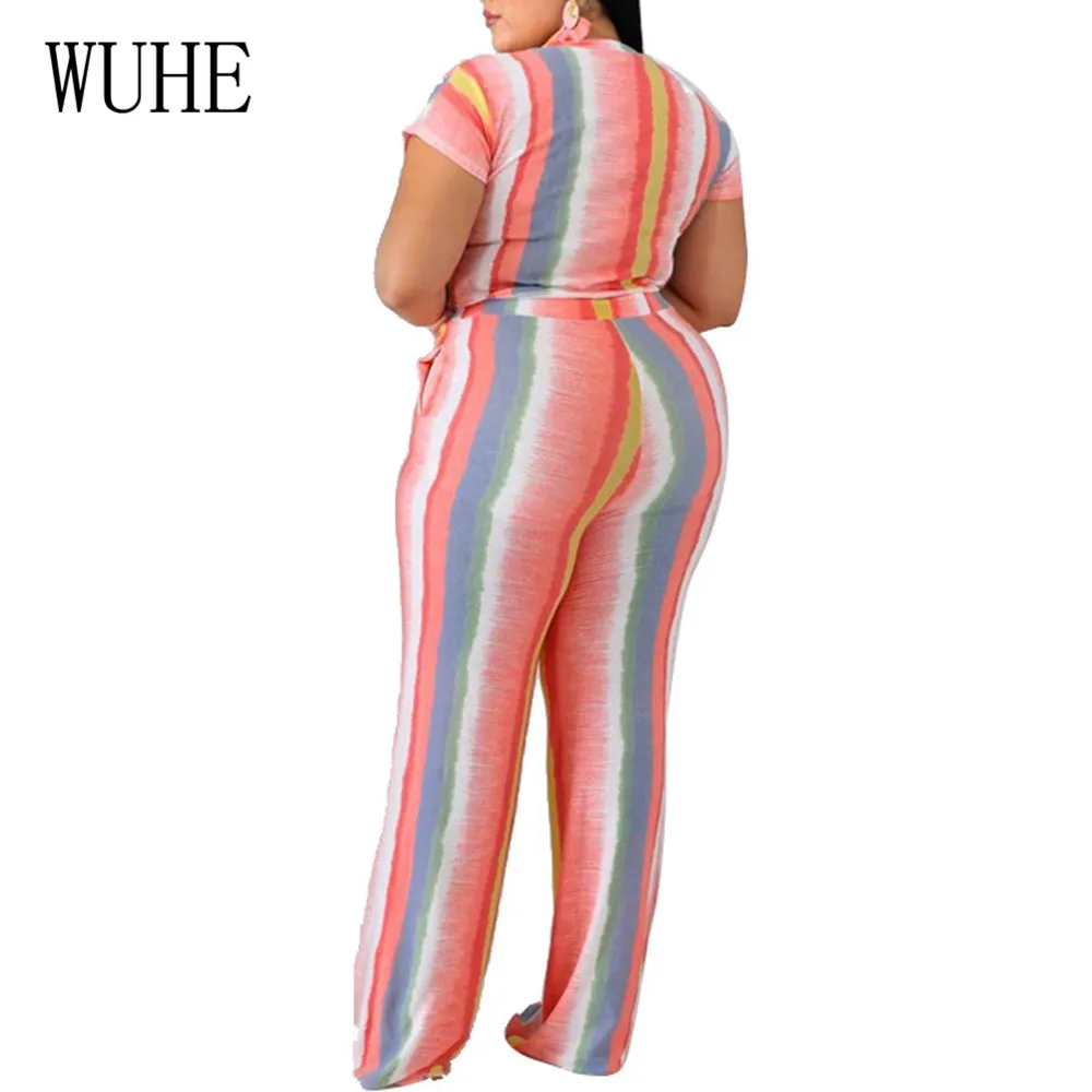 WUHE Two Pieces Sets Striped Playsuits Elegant O Neck Short Sleeve Top + Loose Pants Summer Women Casual Jumpsuits Plus Size 5XL WUHE Two Pieces Sets Striped Playsuits Elegant O Neck Short Sleeve Top + Loose Pants Summer Women Casual Jumpsuits Plus Size 5XL
