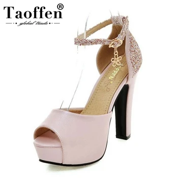

TAOFFEN Size 34-43 Summer Fashion High Heel Sandals Bling Cover Heel Sandals Peep Toe Wedding Shoes Woman Heel Women Shoes