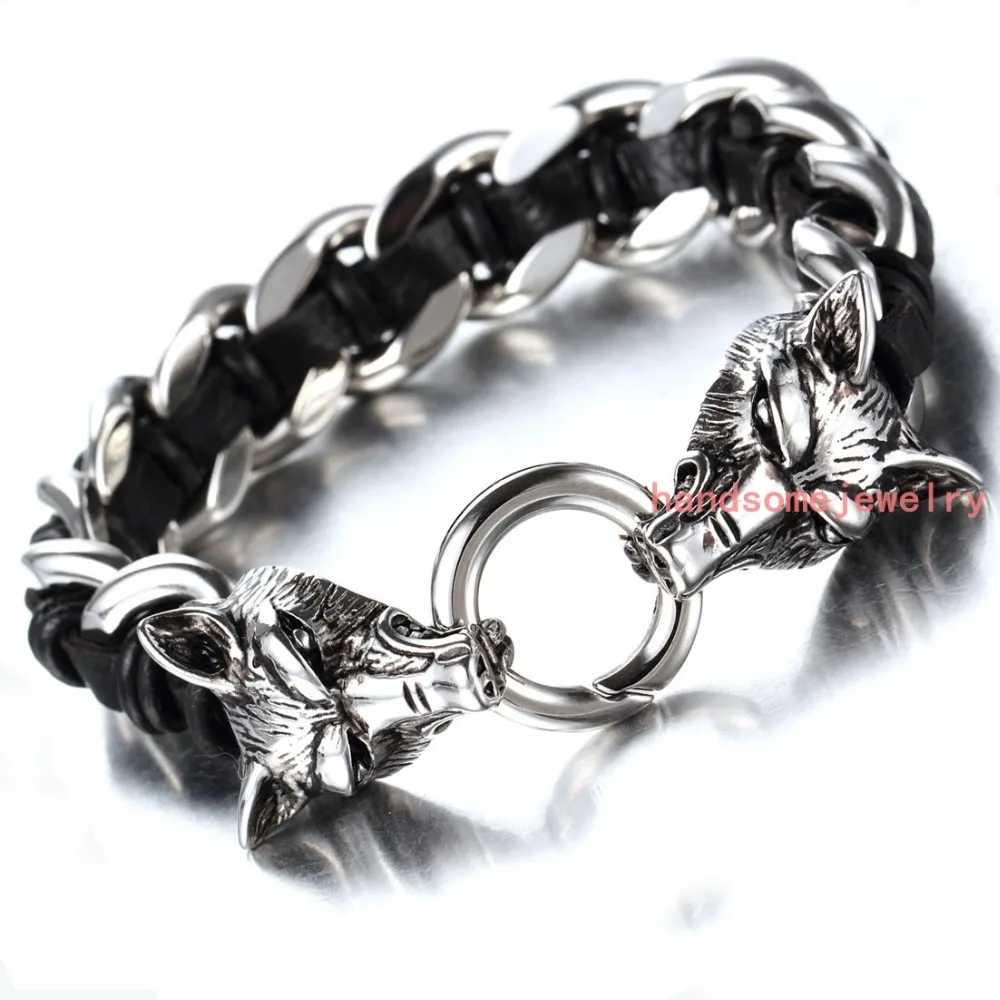 

8.66"*16mm 98g China Brand 100% 316L Stainless Steel Silver Casting Wolf Head Men's Bracelet Bangle Punk Jewelry Black Leather