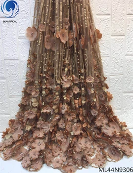 

BEAUTIFICAL brown net lace fabric 3d appliques lace fabrics with beads 2019 appliques embroidery lace with lots beads ML44N93