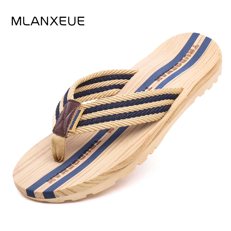 

MLANXEUE Summer Stripe Clip Toe Woven Denim Lovers Slippers Non-slip Beach Men Shoes Waterproof Soft Sole Beach Male Flip Flops