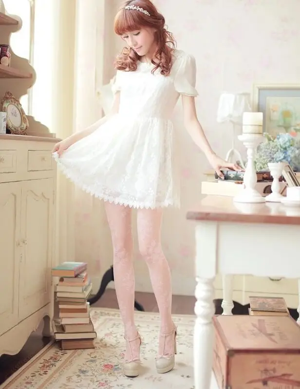 Japanese Vintage Style Hollow out Lace Floral White Silk Stockings Jacquard Weave Pantyhose Summer Sexy Ultrathin Sweet Stocking1