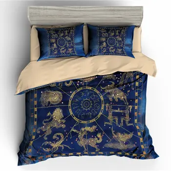 

3D Digital Printing Hand Drawn Line Art Golden Zodiac Symbols Sky Constellations Blue Textured Background