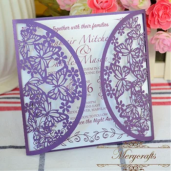 

50 pieces purple butterfly laser cut shell invitations card for wedding