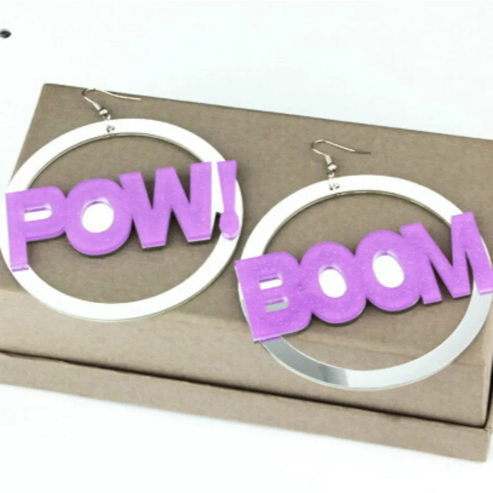 

2019 New Resin Purple English Letter POW BOOM Big Round Ring Plastic Pendant Earrings Women Hip Hop Rock Night Club Earrings