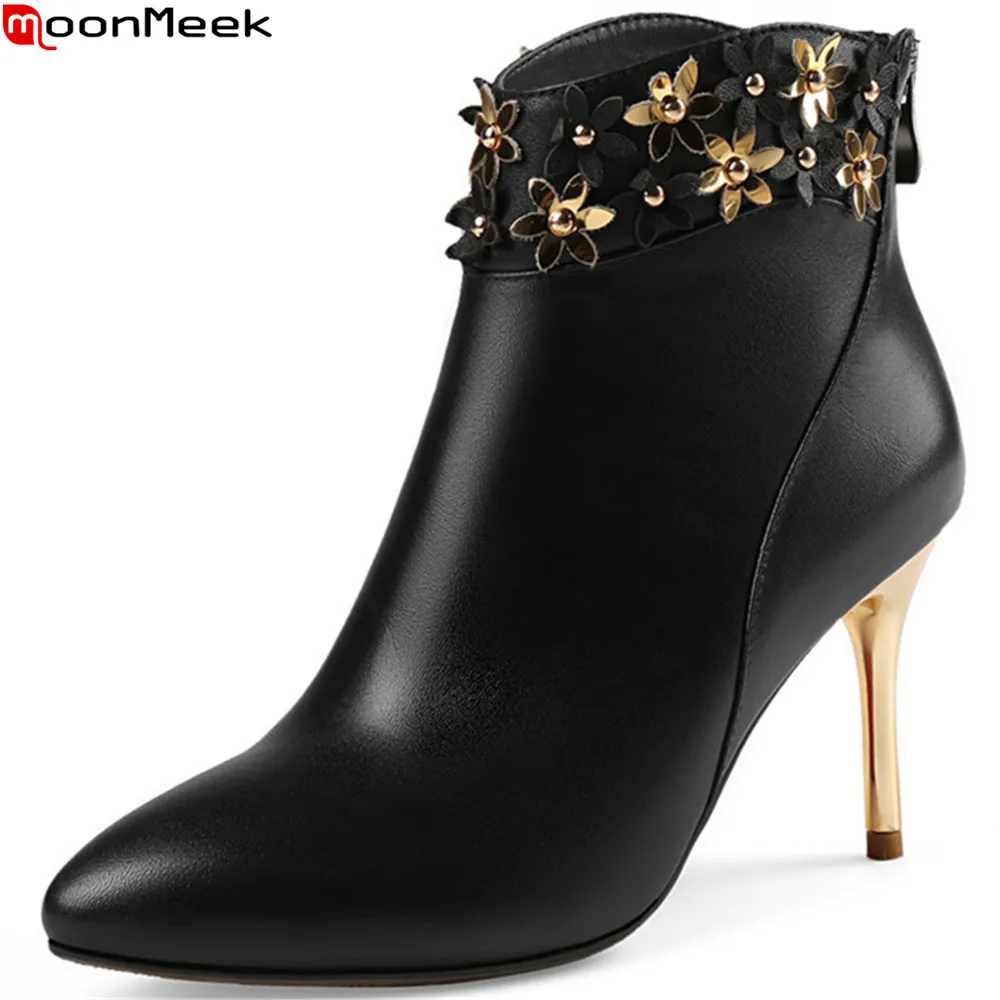 

MoonMeek black beige fahsion women boots genuine leather ladies boots pointed toe zipper cow leather ankle boots