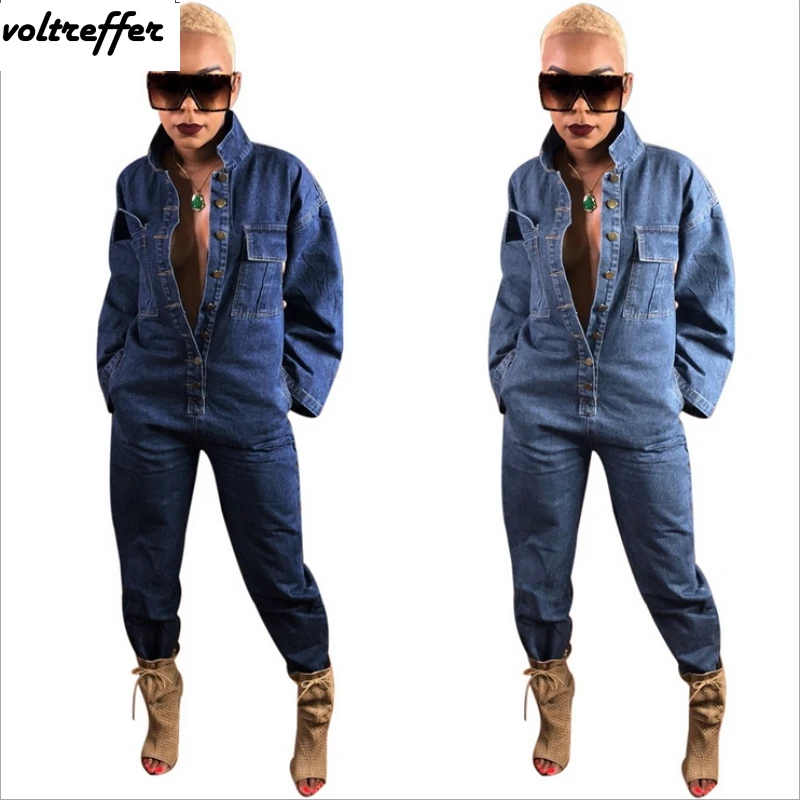 Denim Rompers Womens Jumpsuit Flare Sleeve Button Jeans Hip Hop Streetwear Casual Loose Overalls 2018 Fall Korean Sexy Pockets