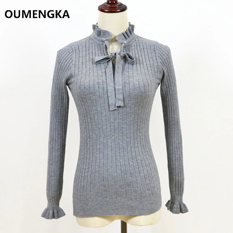 Casual Slim Sweater Women 2018 Autumn Knitting Pullovers Lace Up Long Flare Sleeve Ruffle Knitting Pullover Winter Woman Sweater Sweaters