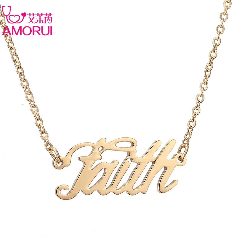 

AMORUI Personality Faith Letter Silver Pendant Customizable Stainless Steel Long Chain Necklace Womens Choker Necklaces Jewelry
