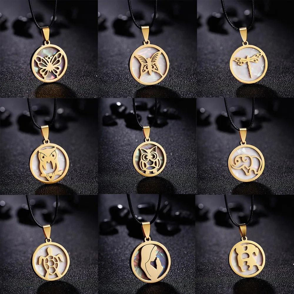 

Rinhoo Female Stainless Steel Shell Statement Necklace Elegant Butterfly Owl Elephant Round Pendant Necklace Women Friend Gifts