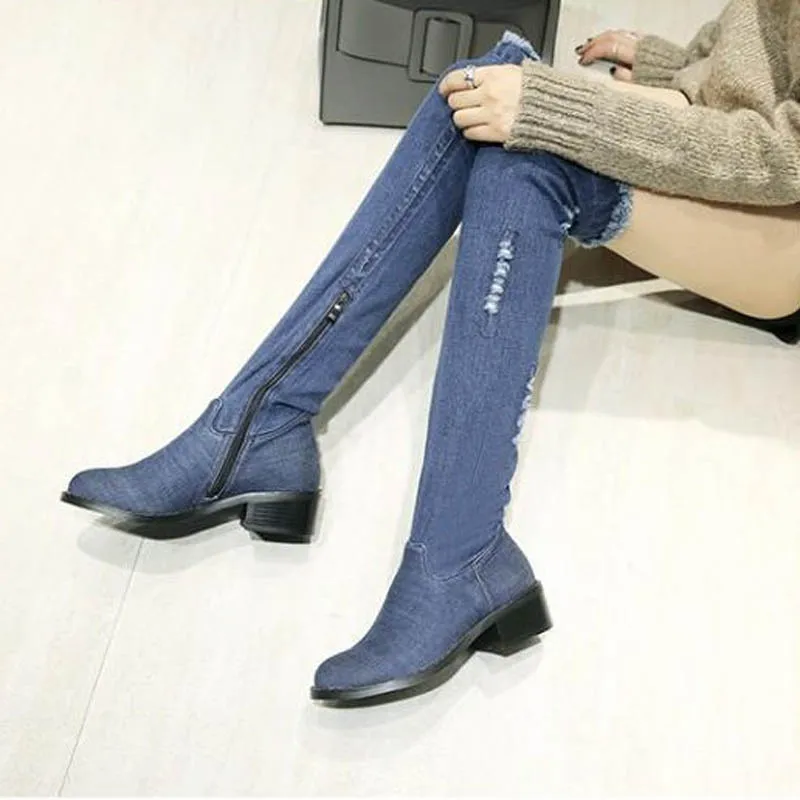 Fashion Women Knee-high Long Boots Slim Showing Med Heel Spring Autumn Shoes Slip-on Leisure Casual Boots Plus Size 33-43 Blue (4)