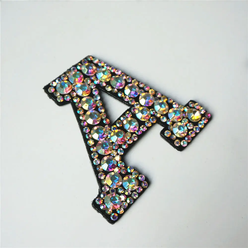 

A Letters Rhinestones ABC Alphabet Sew Iron On Patches Rainbow Shining Badges For Name DIY Jeans Appliques Craft Decoration