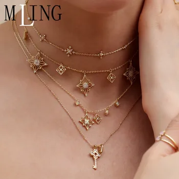

MLING Vintage Copper Zircon Choker Necklace Fashion Snowflake Key Mang Star Pendant Necklace For Women