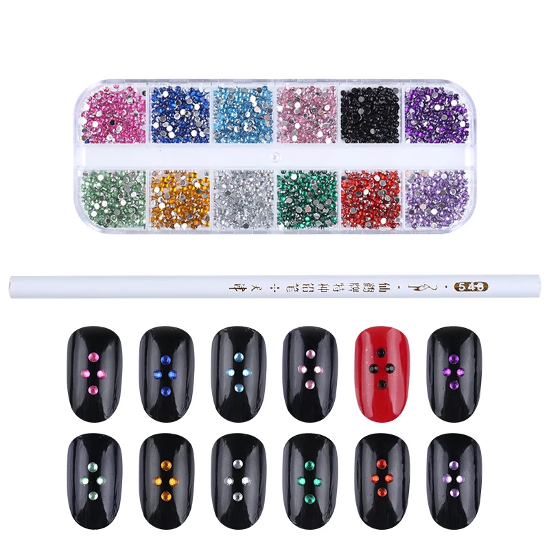 

12 Grids Flat Back Rhinestone 2mm Round Silver Red Mixed Colors Nail Art Decoration with Rhinestone Picker Wax Dot Pen