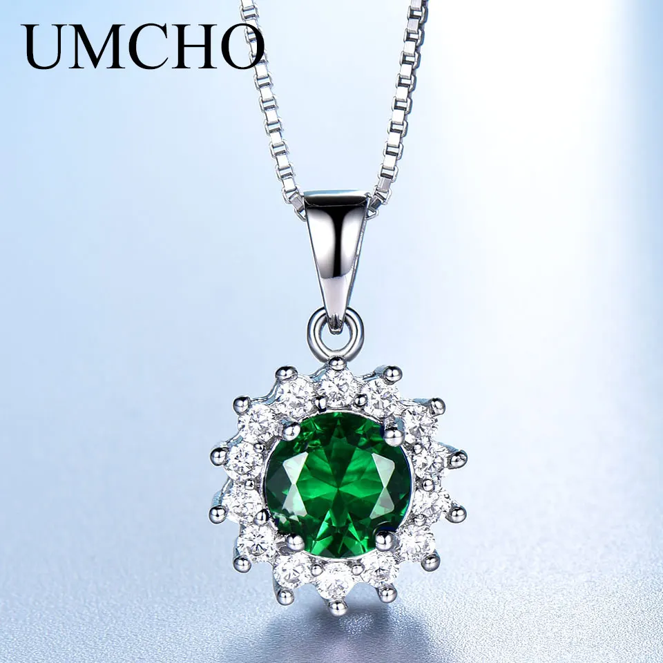 Umcho Solid 925 Sterling Silver Necklace Created Green Emerald Gemstone ...