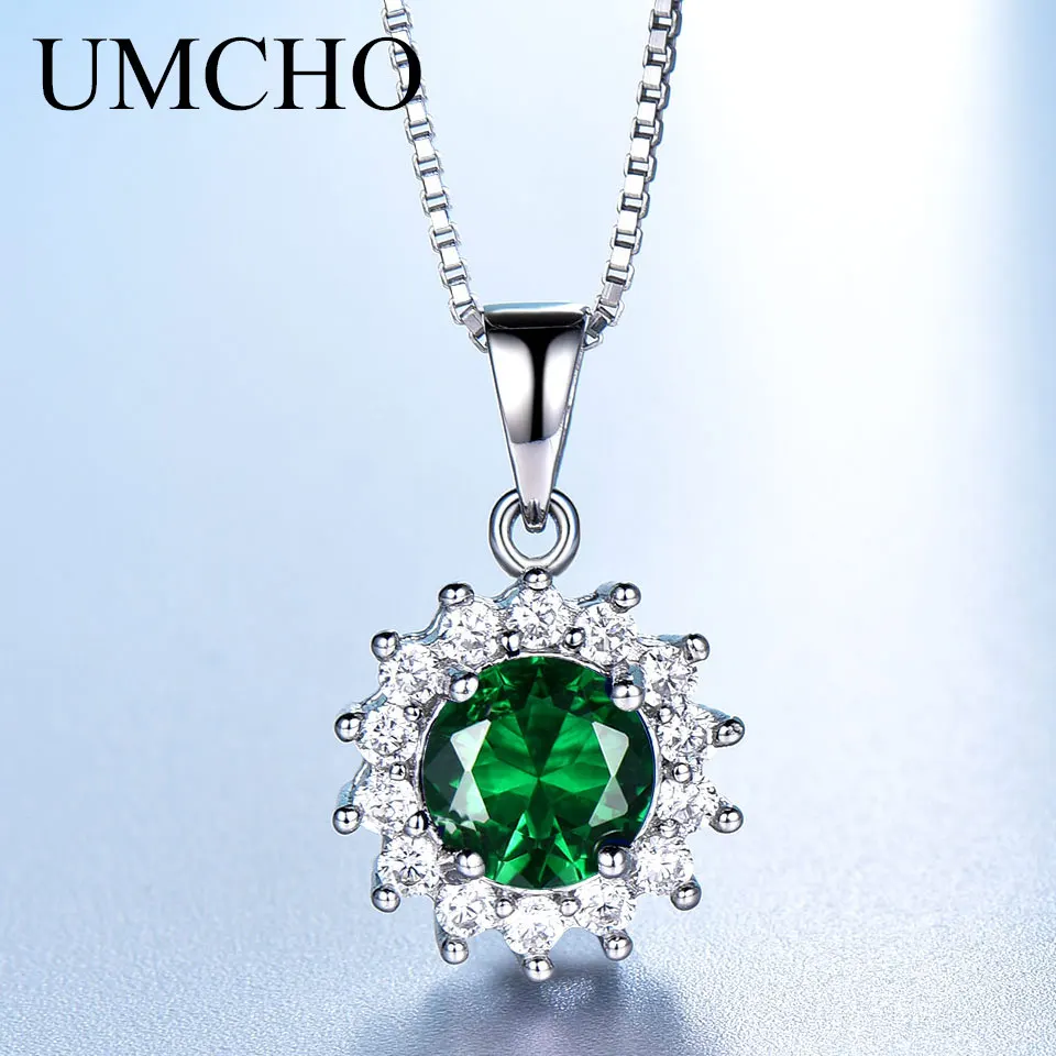 UMCHO Solid 925 Sterling Silver Necklace Created Green Emerald Gemstone