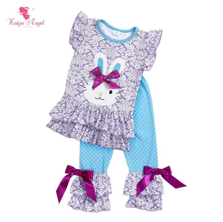 US $74.00 Kaiya Angel Toddler Kids Ruffle Clothes Baby Girl Deep Purple Bowknot Rabbit Outfits Tracksuit Kids Clothing Factory Wholesale