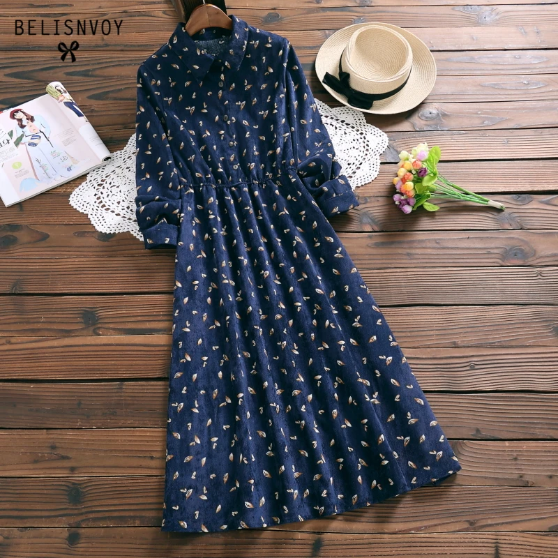 Preise Weibliche Herbst Winter Kleid Robe Femme 2019 Neue Frauen Langarm Floral Gedruckt Cord Kleider Navy Blau Vintage Vestidos