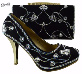 

Hot sale African high heel sandal shoes and handbag sets with stone for wedding/party 1308-L55 black