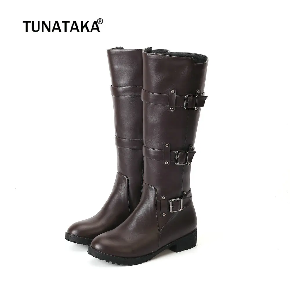 

Women Comfortable Flat Heel Knee High Boots Pu Leather Fashion Boots Zipper Spring Autumn Ladies Shoes Plus Size 43 2018 New