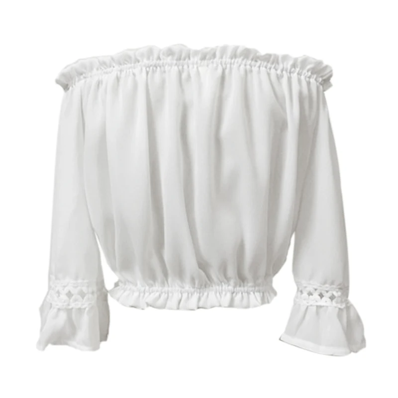 EAS-Women's New Fashion Sexy Off Shoulder Slash Neck Blouses Ruffle Sleeve Lace Hollow Out Backless Chiffon Casual Tops Blouse |