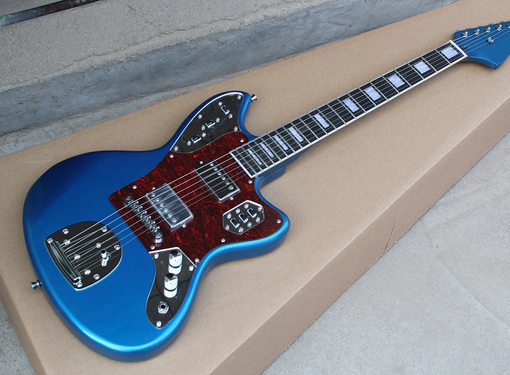 

High Quality Metal Blue Electric Guitar with HH Pickups,Block Frets Inlay,Red Tortoise Pickguard,Chrome Hardware