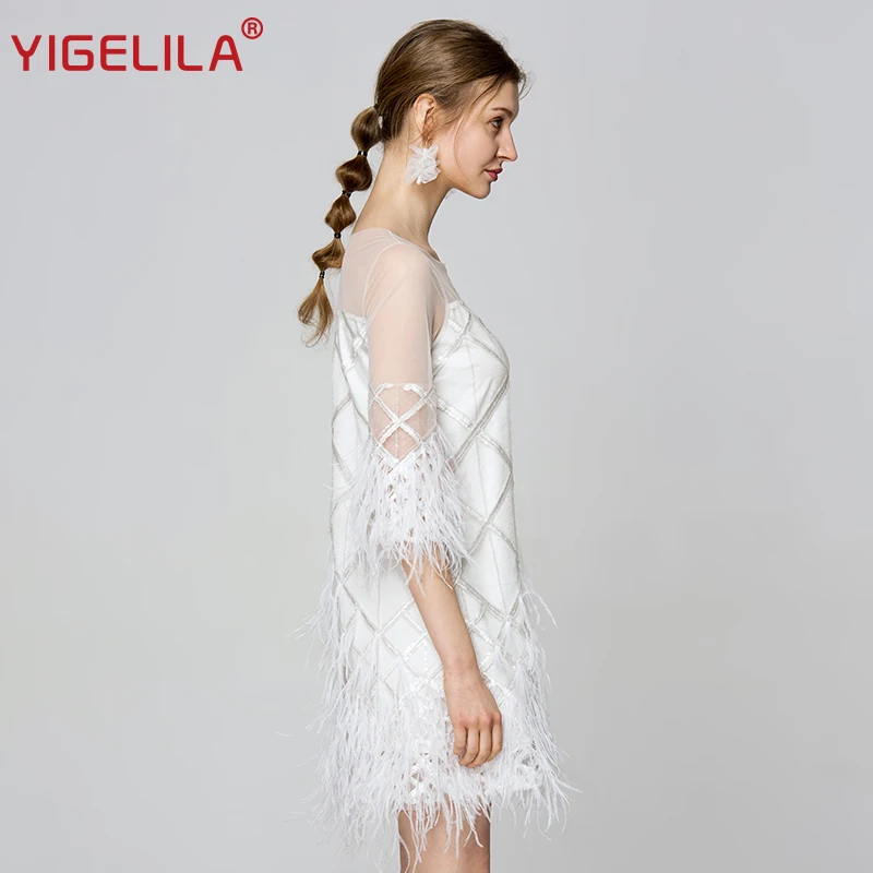 YIGELILA Весна Для женщин Белое платье украшенное перьями! Модное с О образным