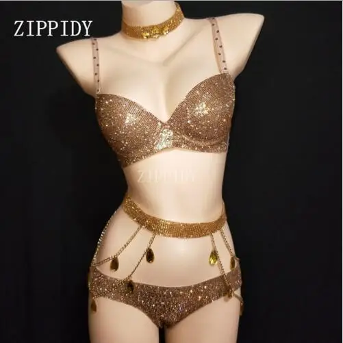 

Birthday Celebrate Prom Show Bikini Set Nightclub Women Singer Outfit Set Gold Flashing Full Rhinestones Bra Short Women's