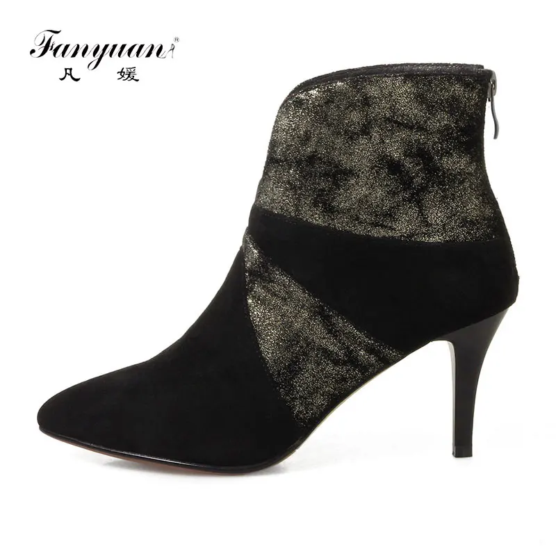 

Fanyuan Fashion Pointed Toe Work Boots Spring Black Genuine Leather ankle boots Sexy Thin High Heel Zipper boots women shoes