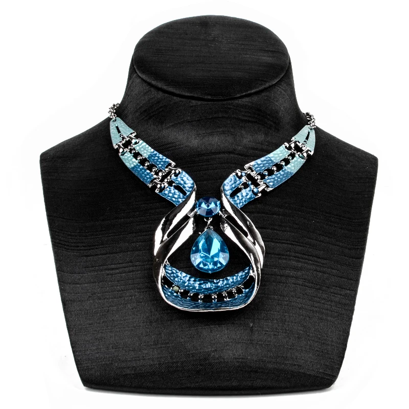 Austrian Crystal Jewelry Sets Fashion Blue Choker Collar Necklace dangle earring Jewellery Silver Plated Bridal Wedding Jewelry