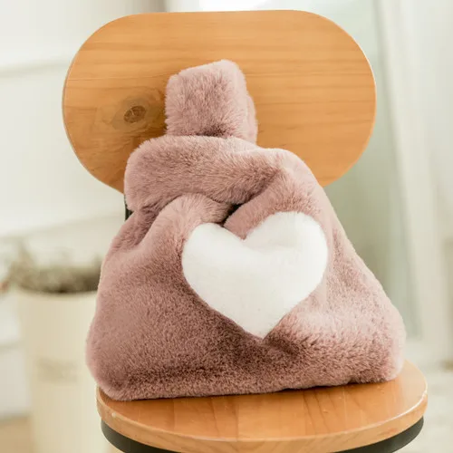Мягкая меховая сумка из искусственного кролика, сумка в форме сердца, Женская милая сумка для покупок, плотные вставки для моделирования фигуры, меховая сумка на шнурке - Цвет: 1