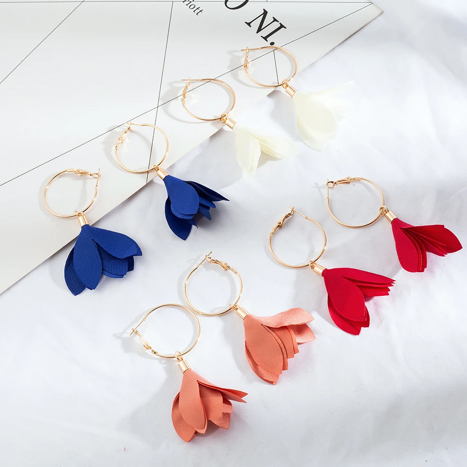 8 Colors Fashion Cloth Flower Drop Earrings Hanging Dangle for Women
