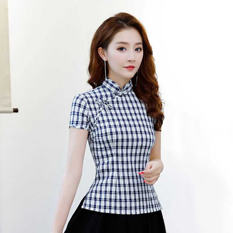 Летняя женская рубашка, топы в винтажном китайском стиле, женская блузка с коротким рукавом и пуговицами, Qipao Mujer Camisa, Размеры S M L XL XXL XXXL 9970