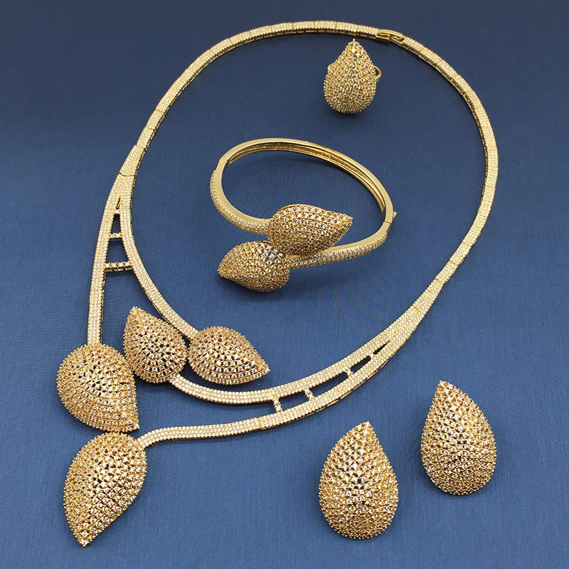  Nankiya nouvelles feuilles conception ensemble de bijoux de mariée clair blanc cubique zircone mode